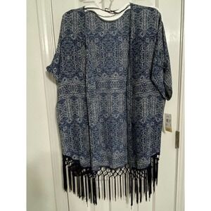 Kimono Swim Cover Up Large Blue Fringe Retail $59 NEW